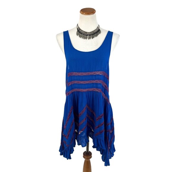 Free People Intimately Blue Polka Dot Tiered Ruffle Hem Voile & Lace Slip Dress - Picture 3 of 16